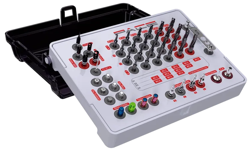 PACE guide kit, open case with colour-coded guided drills